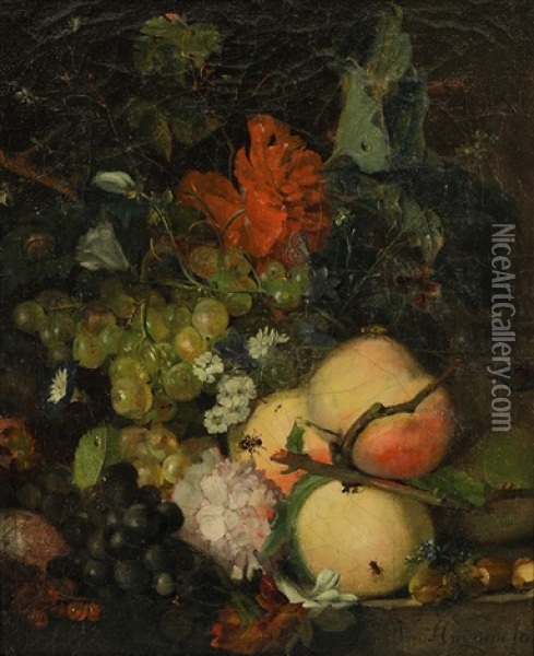 Blumenstillleben Mit Fruchten Und Insekten Oil Painting - Jan Van Huysum