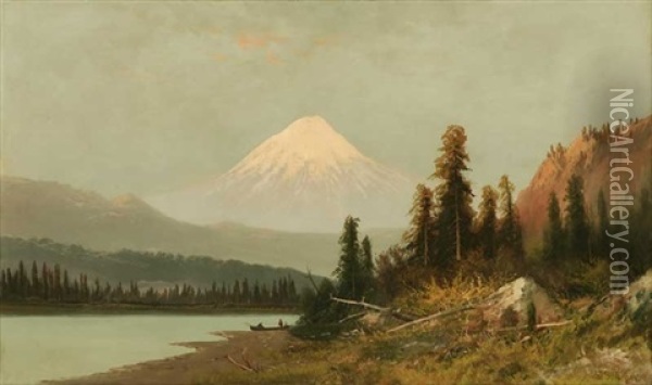 Indians And Canoe At Lake Edge (mt. Hood?) Oil Painting - Frederick Ferdinand Schafer