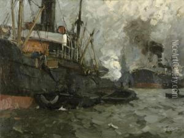 Dampfer Im Hamburger Hafen Oil Painting - Leonhard Sandrock