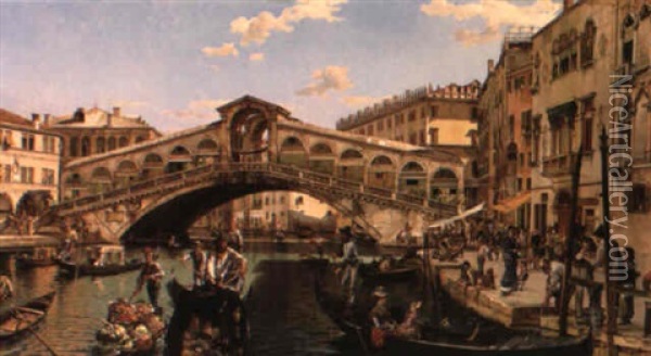 Market Day, The Rialto Bridge, Venice Oil Painting - Antonio Pascutti