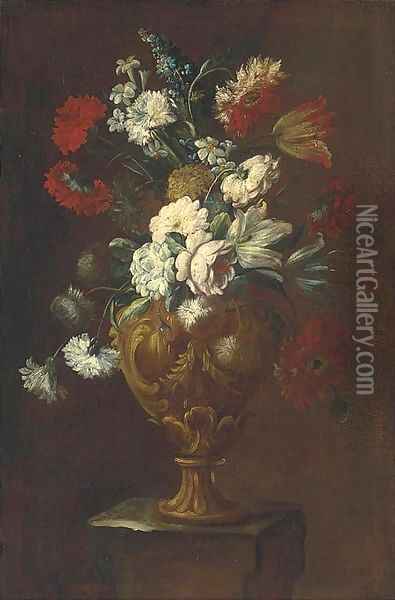 Parrot tulips, roses, carnations and other flowers in a sculpted vase on a pedestal Oil Painting - Elisabetta Marchioni