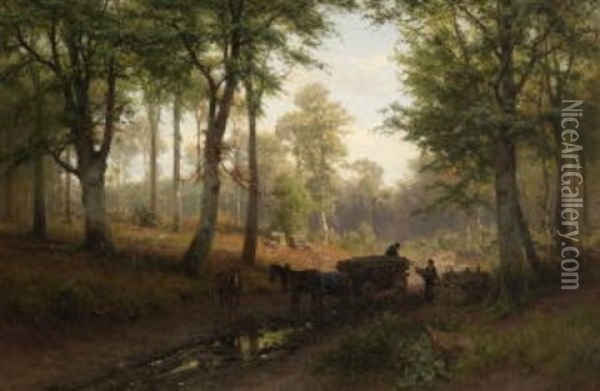 Waldlandschaft Mit Holzarbeitern Und Pferdeuhrwerk Oil Painting - Gustav Meissner
