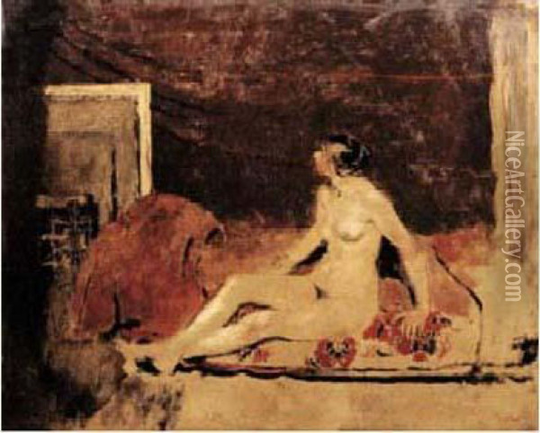 Nu Assis Au Divan Rouge, Vers 1888. Oil Painting - Jean-Edouard Vuillard