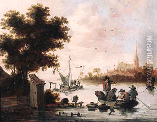 Fishermen laying lobster pots from a rowing boat on a river Oil Painting - Salomon van Ruysdael