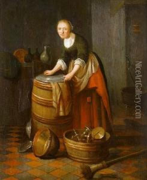 A Kitchen Interior With A Young Womanpolishing Brass Oil Painting - Jacob van Spreeuwen