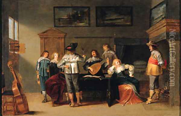 Officers in a brothel, with a lute player and a page nearby Oil Painting - Christoffel Jacobsz van der Lamen