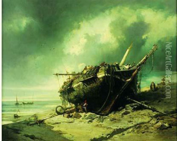 Un Navire De Peche Echoue Sur Une Plage Oil Painting - Louis Hoguet