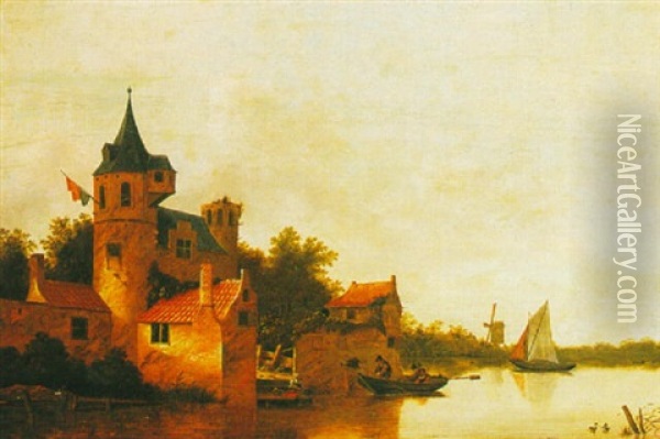 A River Estuary By A Fortified Town With Boats Oil Painting - Frans de Hulst