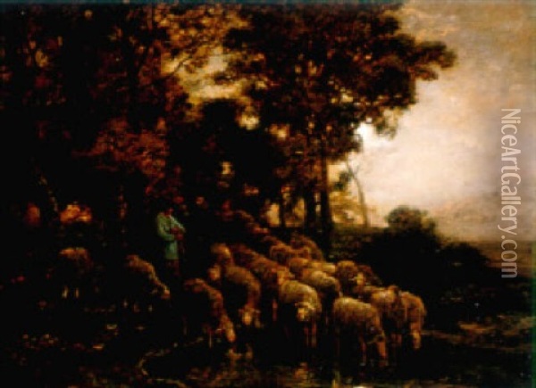 A Shepherd Tending His Flock By Moonlight Oil Painting - Charles Emile Jacque