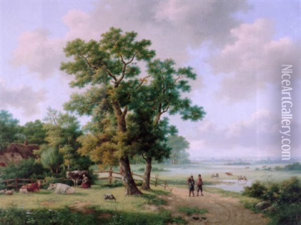 Travellers In An Extensive Landscape Oil Painting - Barend Cornelis Koekkoek