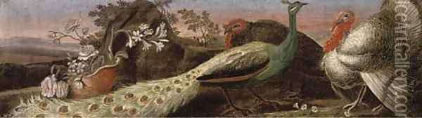 A peacock and two turkeys by a pot of flowers in a clearing Oil Painting - Giuseppe Romani