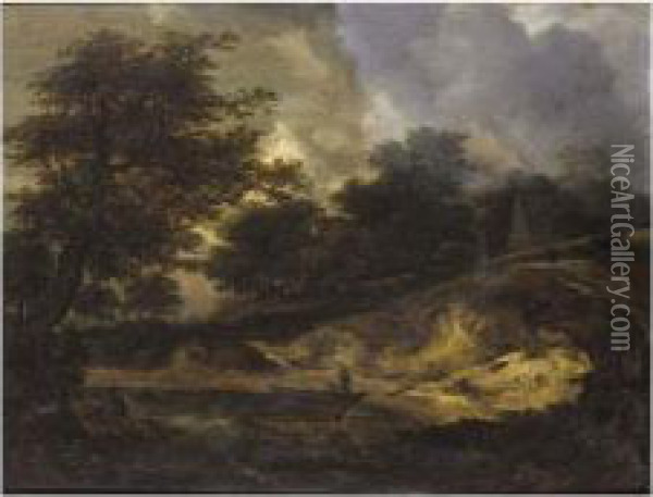 Landscape With Figures By A Boat At The Edge Of A River, A Cottage Beyond Oil Painting - Jacob Salomonsz. Ruysdael