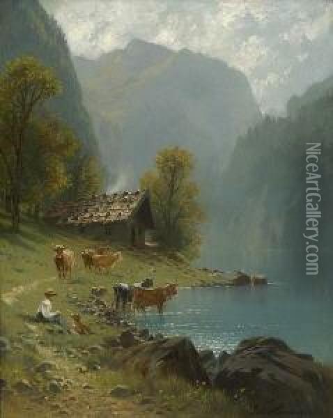 Hirte Mit Vieh Am
 Gebirgssee. Oil Painting - Johann Friedrich Hennings