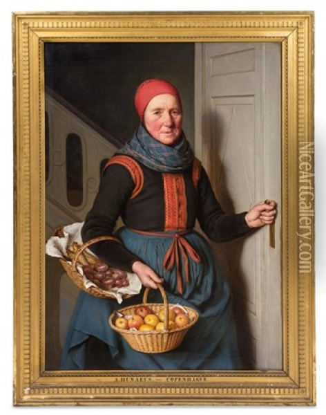 Untitled (woman With Onions, Apples And Fish) Oil Painting - Andreas Hunaeus
