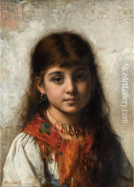 Girl With Coral Necklace And Shawl Oil Painting - Alexei Alexeivich Harlamoff