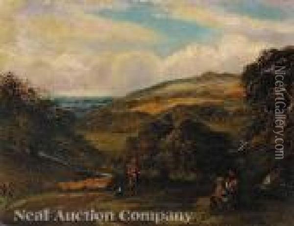 Landscape With Shepherdand Rustic Figures Oil Painting - John Linnell