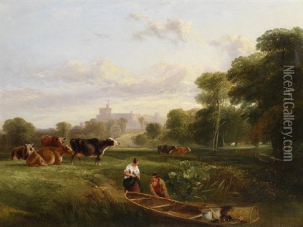 The Banks Of The Thames, Windsor Castle In The Distance Oil Painting - George Cole