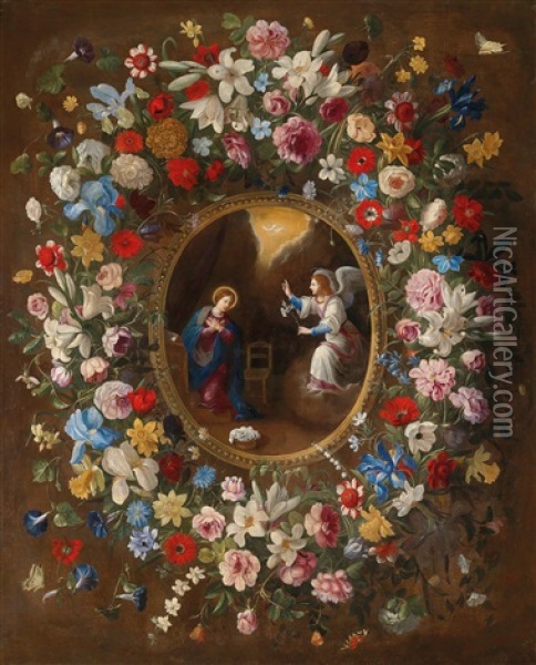 A Garland Of Flowers Surrounding A Medallion Depicting The Annunciation Oil Painting - Giovanni Stanchi
