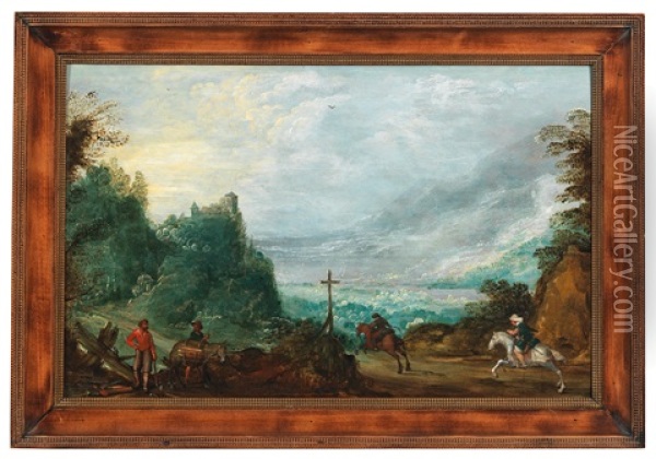 Mountain Landscape With Two Riders And Woodcutters Oil Painting - Joos de Momper the Younger