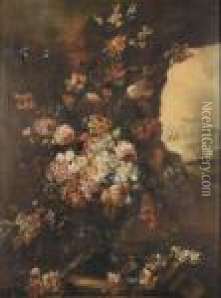 Coppia Di Nature Morte Con Vaso Di Fiori Entro Paesaggio Oil Painting - Michele Antonio Rapous
