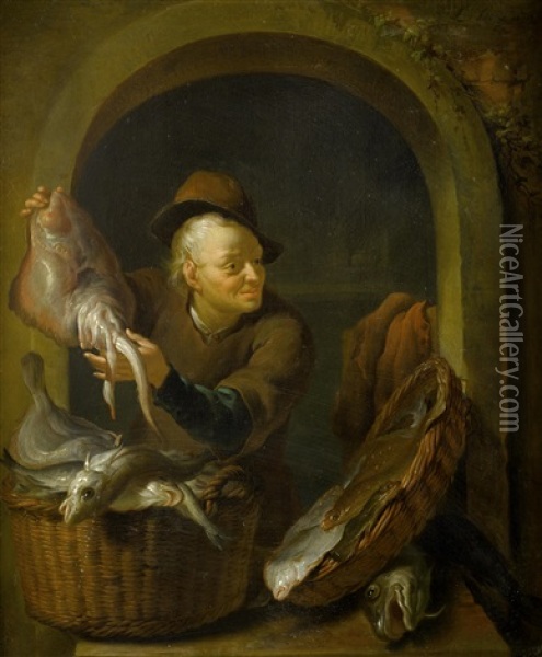 A Fish Seller, Within A Painted Stone Niche Oil Painting - Louis de Moni