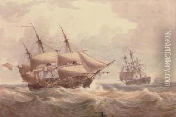 A Naval Squadron Reefed Down For
 The Approaching Storm; And A Brig Arriving At Her Anchorage (both 
Illustrated) Oil Painting - William Joy