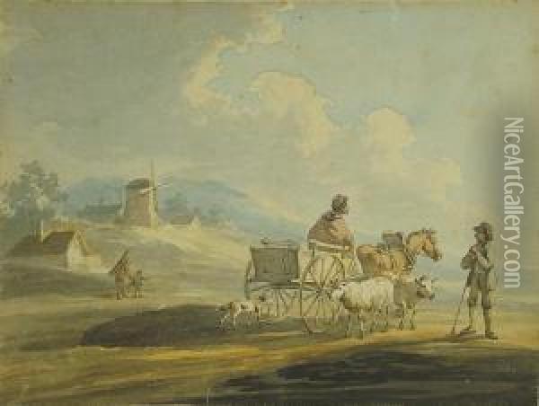 Ady On Horse And Cart On A Country Lanetalking To A Shepherd With Two Sheep And His Dog Oil Painting - Peter La Cave