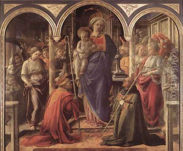 Madonna and Child with St Fredianus and St Augustine 1437-38 Oil Painting - Fra Filippo Lippi