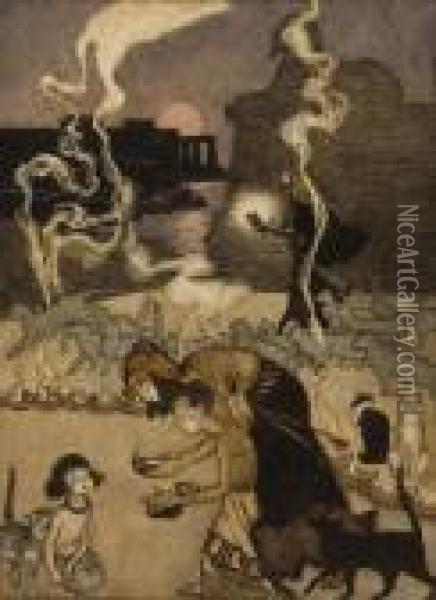 All Through Egypt Every Man Burns A Lamp, Story Illustration Oil Painting - Arthur Rackham