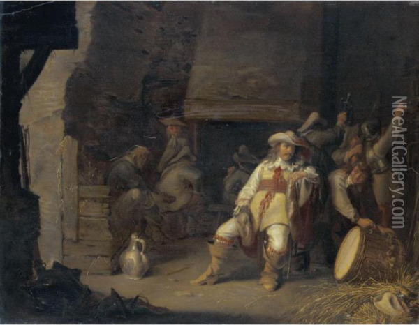 A Guardroom Interior With An Officer Smoking A Pipe Soldiers Sitting Before A Fireplace Oil Painting - Antonie Palamedesz