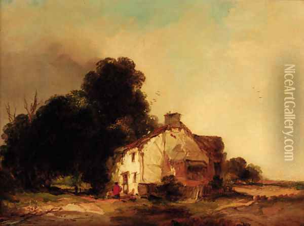 Figures before a cottage in a wooded landscape Oil Painting - Edward Charles Williams