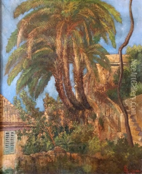 Palm Trees In A Landscape Oil Painting - Eugen Quaglio