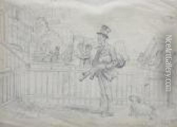 Man Playing The Pipes Outside A House Oil Painting - John Leech