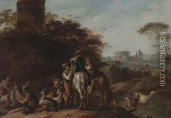 An Italianate Landscape With Travellers Resting With Herdsmen By Atower Oil Painting - Joseph Conrad Seekatz