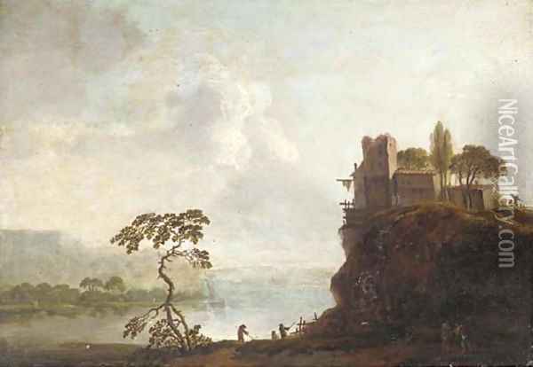 A river landscape with a hilltop village and anglers in the foreground Oil Painting - Christian Hilfgott Brand