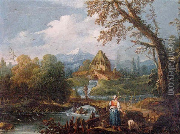 A River Landscape With A Shepherdess And A  Figure Crossing A Wooden Bridge, Mountains Beyond Oil Painting - Antonio Diziani