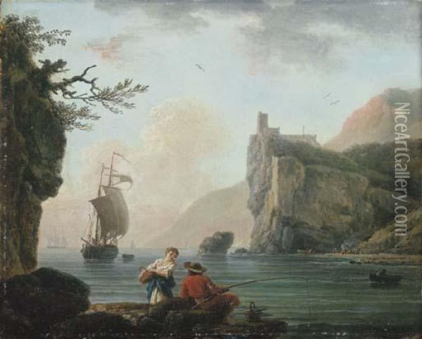 A Rocky Coastal Landscape With A Fisherman Talking To A Peasantgirl Oil Painting - Claude-joseph Vernet