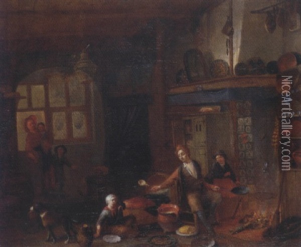 A Domestic Interior With A Family Seated By The Hearth Oil Painting - Richard Brakenburg