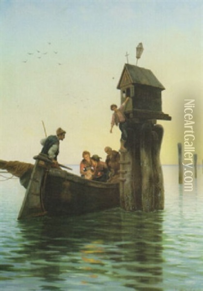 Barca Con Figure Ormeggiata In Laguna As Una Bricola Con Capitello Oil Painting - Pietro Gabrini