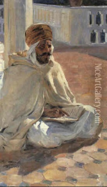Algerian Man Reading Oil Painting - Ulpiano Checa Sanz