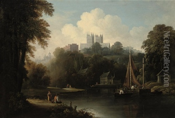 A View Of The River Weir With An Angler On A Bank, Durham Cathedral Beyond Oil Painting - Thomas Barker