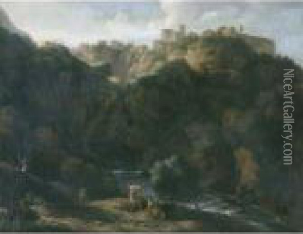 A View Of Tivoli, With The Teverone Flowing Beneath Oil Painting - Gaspard Dughet Poussin