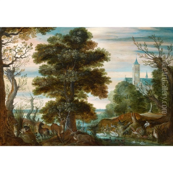 Paysage Aux Animaux Sauvages Oil Painting - Samuel van den Hecken