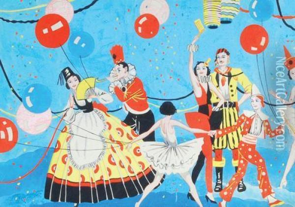 A Gouache Illustration Of Revellers In Fancy Dress Oil Painting - Adam Knight