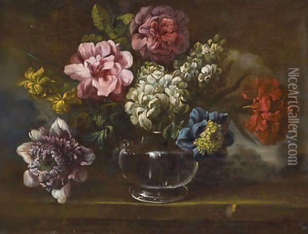 Still Life With Various Flowers In A Glass Vase On A Stone Ledge Oil Painting - Italian School