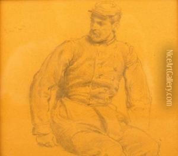 Sketch Of A Sitting Soldier Oil Painting - Emil Hunten