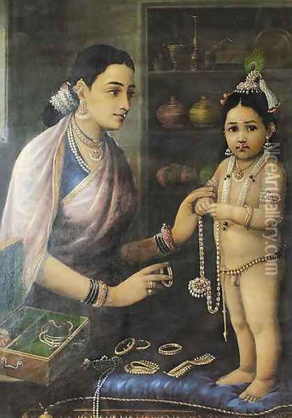 Yasoda Adorning Krishna Oil Painting - Raja Ravi Varma