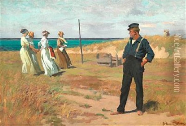 Beach Scene With A Young Man With His Hands In His Pockets And His Cap Askew Looking At Four Young Women Oil Painting - Erik Ludwig Henningsen