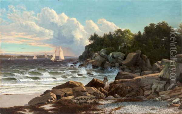 Rocky Shore Scene With Figures And Numerous Boats Oil Painting - Frederick Rondel