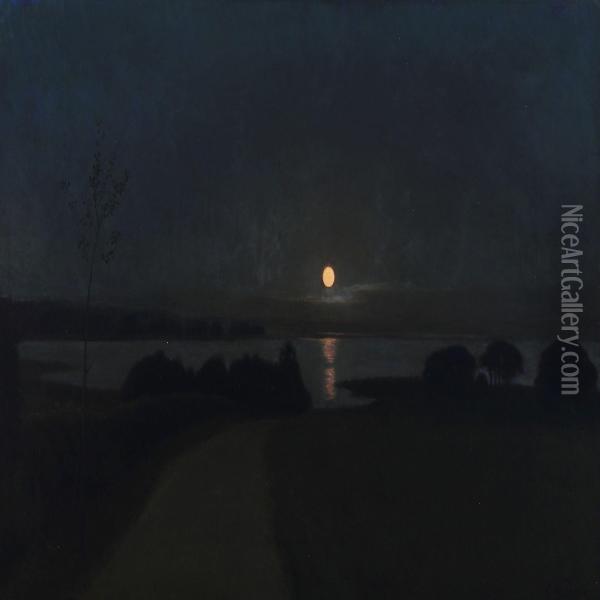 Lake With Fullmoon Oil Painting - Otto Petersen Balle